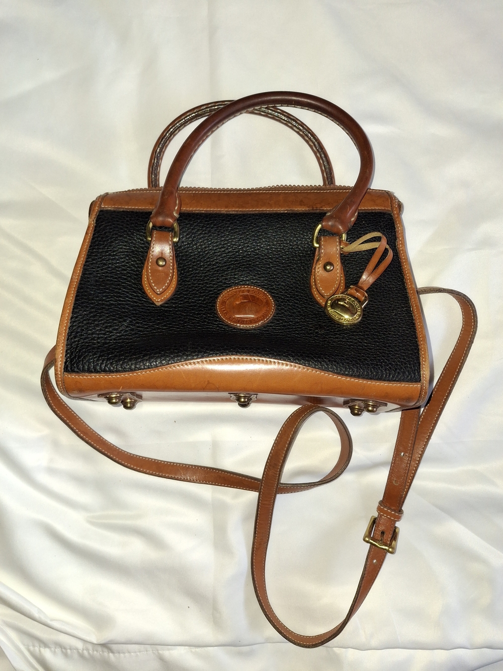 Dooney & Bourke Black and Brown Pebbled Leather Crossbody Satchel
